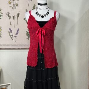 90s Y2k Embroidered Sheer Mesh Tie Bow Babydoll Top Romantic Goth Sexy Vamp S M